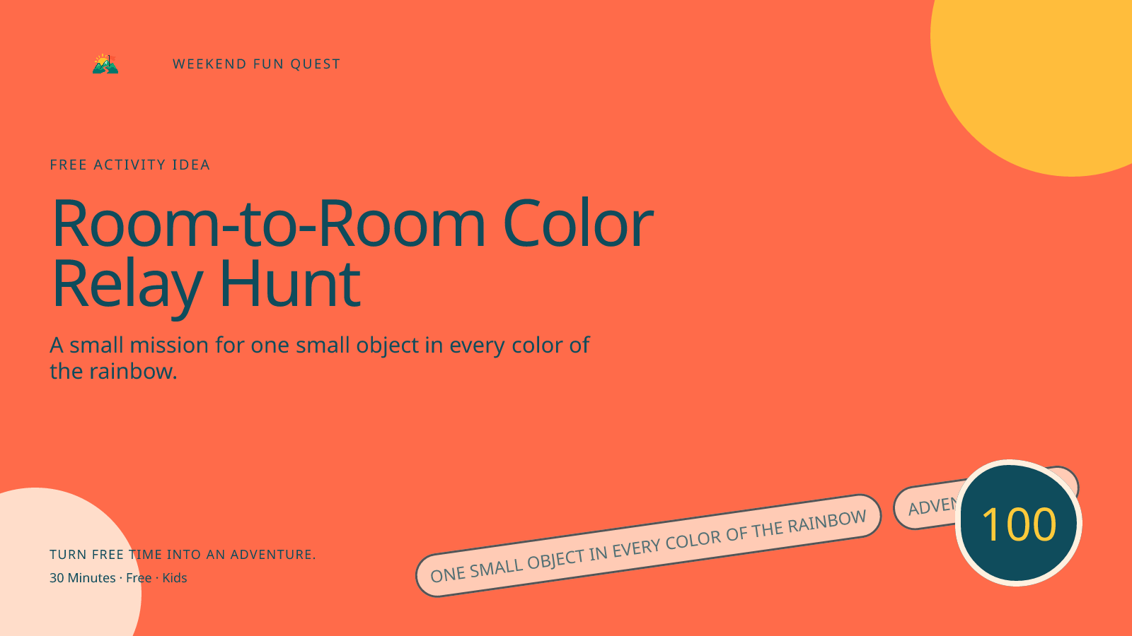Wide Weekend Fun Quest illustration for room-to-room color relay hunt featuring one small object in every color of the rainbow