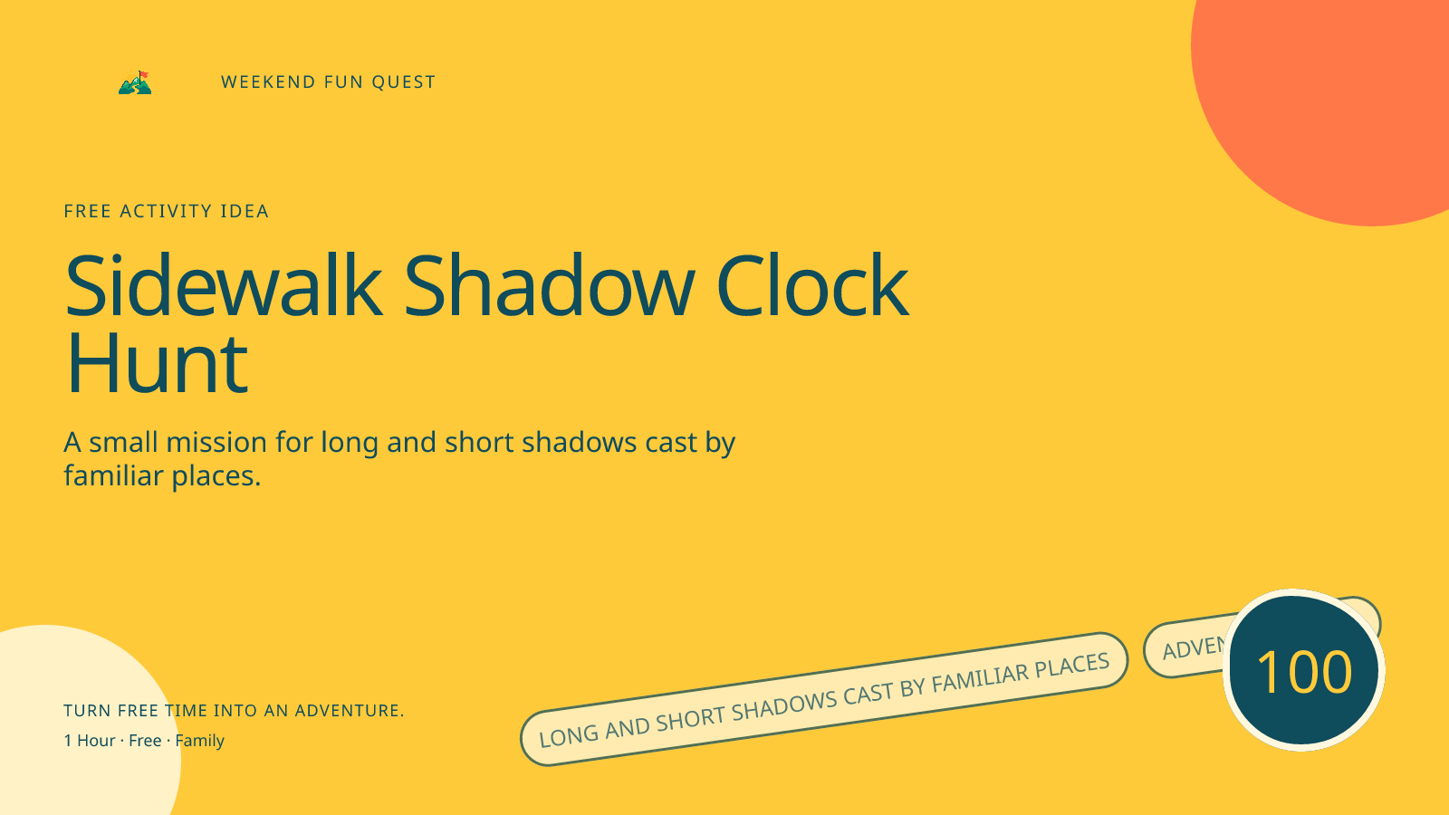 Wide Weekend Fun Quest illustration for sidewalk shadow clock hunt featuring long and short shadows cast by familiar places