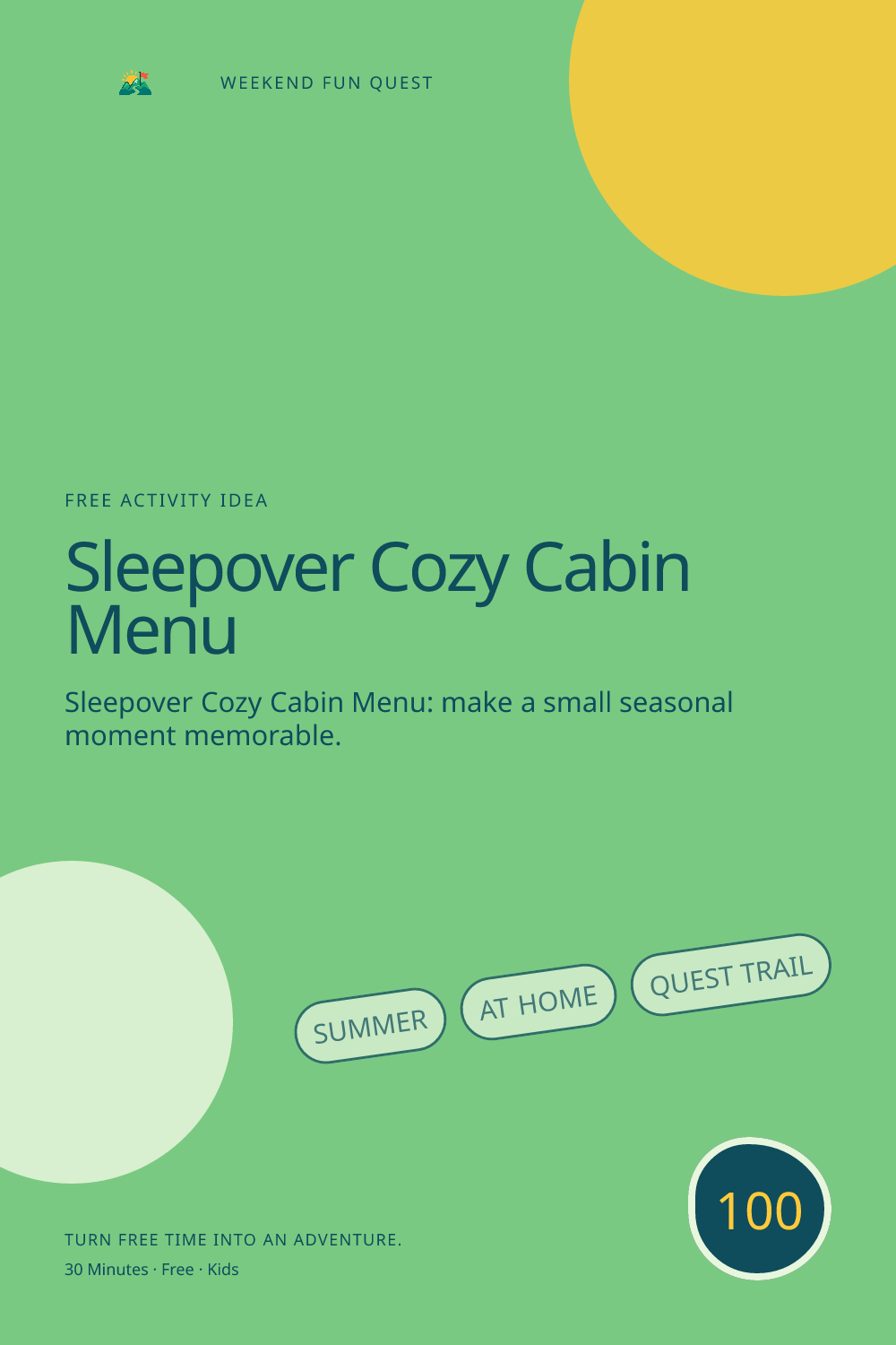 Vertical Pinterest illustration for sleepover cozy cabin menu featuring make a pretend cabin menu and choose one calm after-dark routine