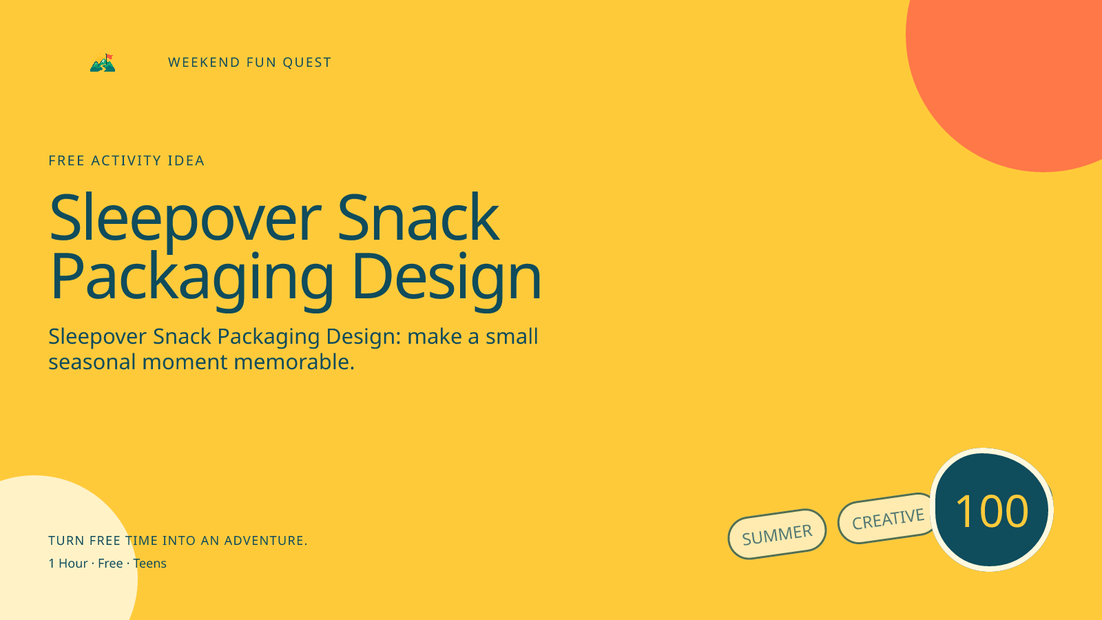 Wide Weekend Fun Quest illustration for sleepover snack packaging design featuring invent packaging, names, and ingredient labels for imaginary midnight snacks