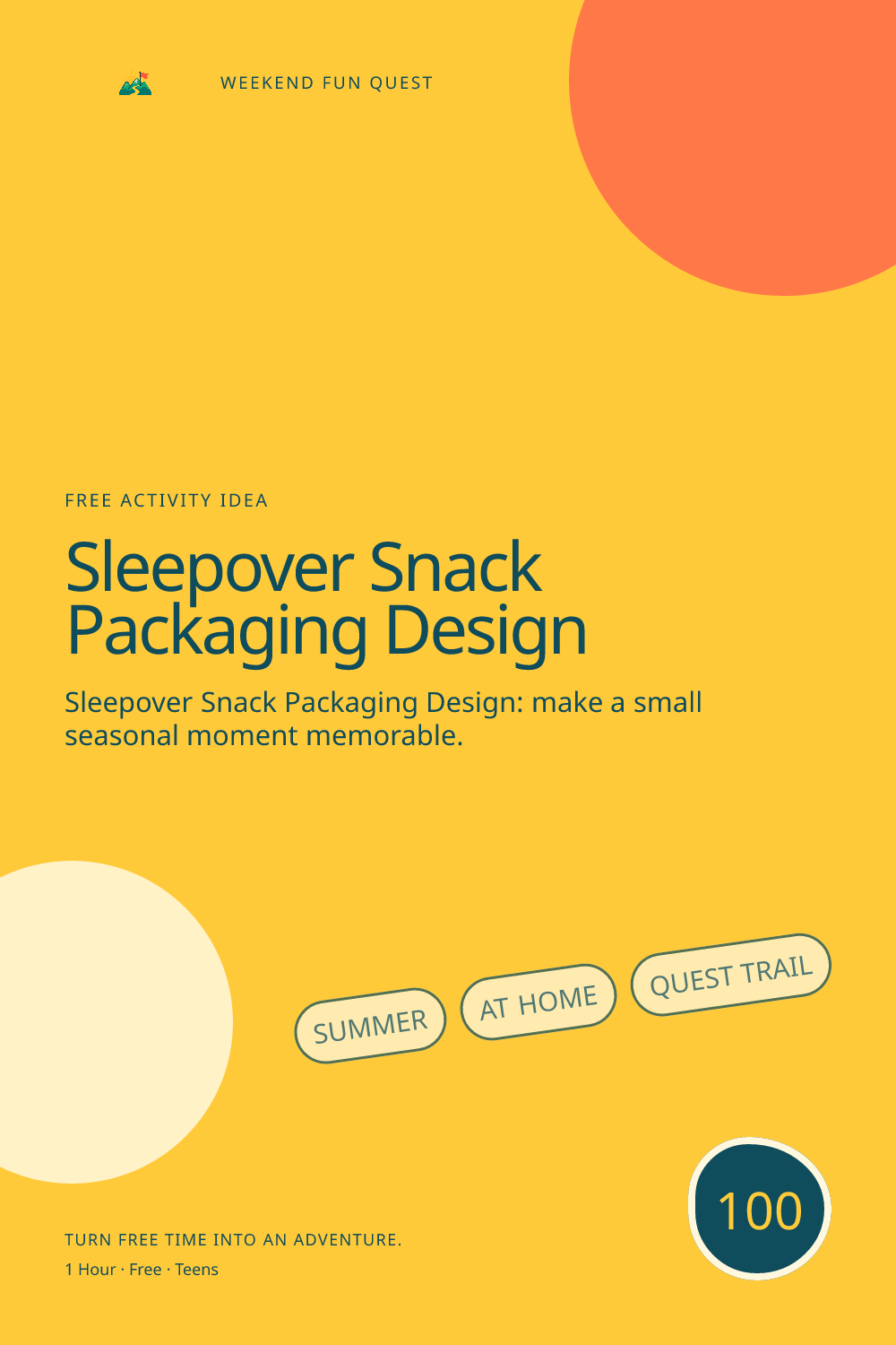 Vertical Pinterest illustration for sleepover snack packaging design featuring invent packaging, names, and ingredient labels for imaginary midnight snacks