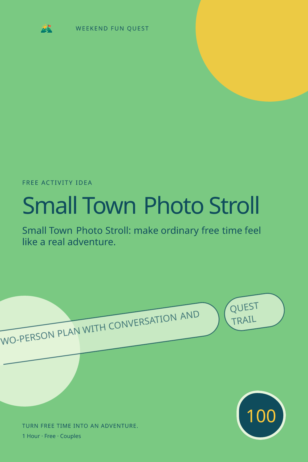 Vertical Pinterest activity illustration for small town photo stroll featuring a relaxed two-person plan with conversation and discovery