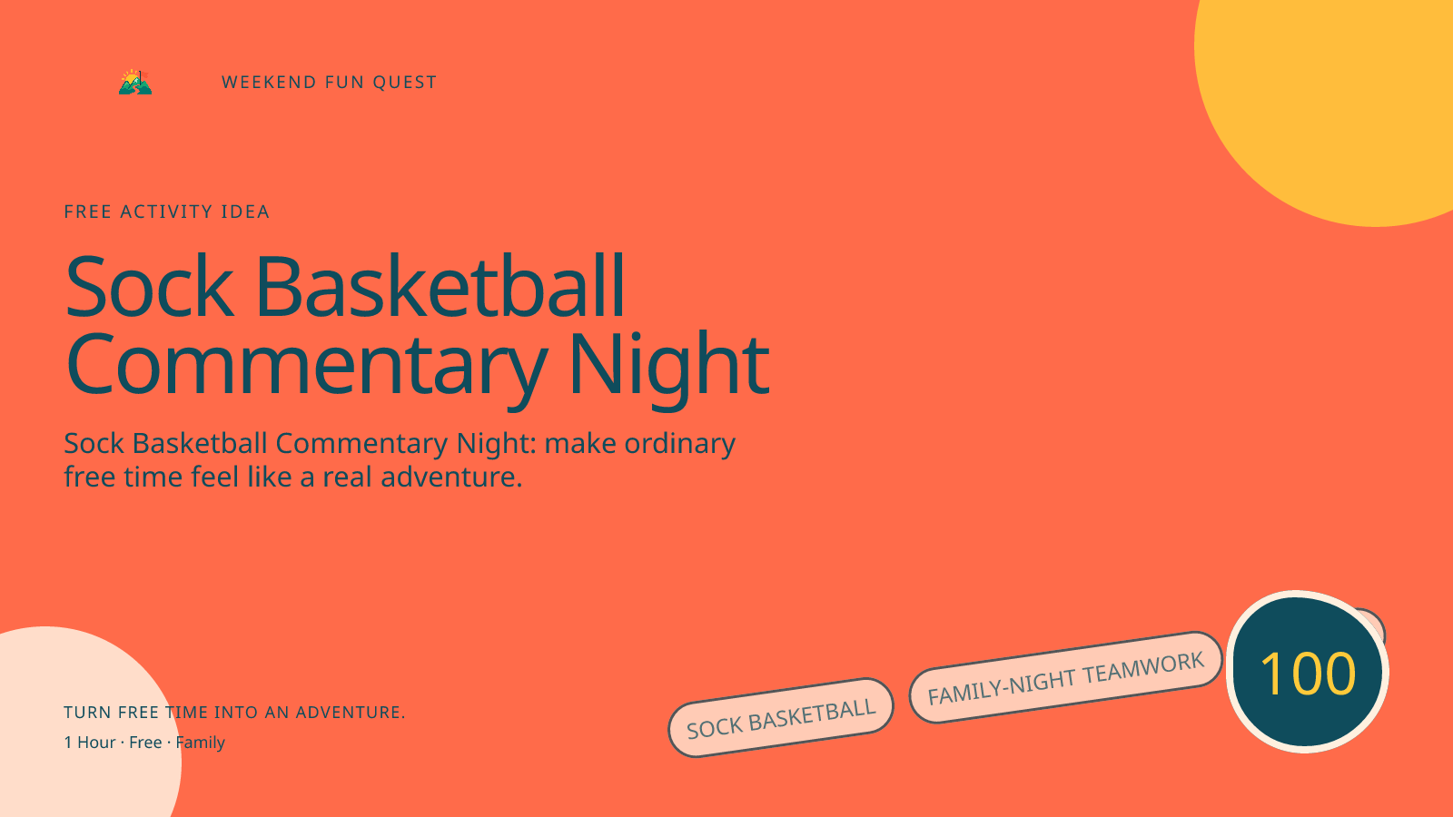 Wide Weekend Fun Quest illustration for sock basketball commentary night featuring family-night teamwork, laughter, and small rituals