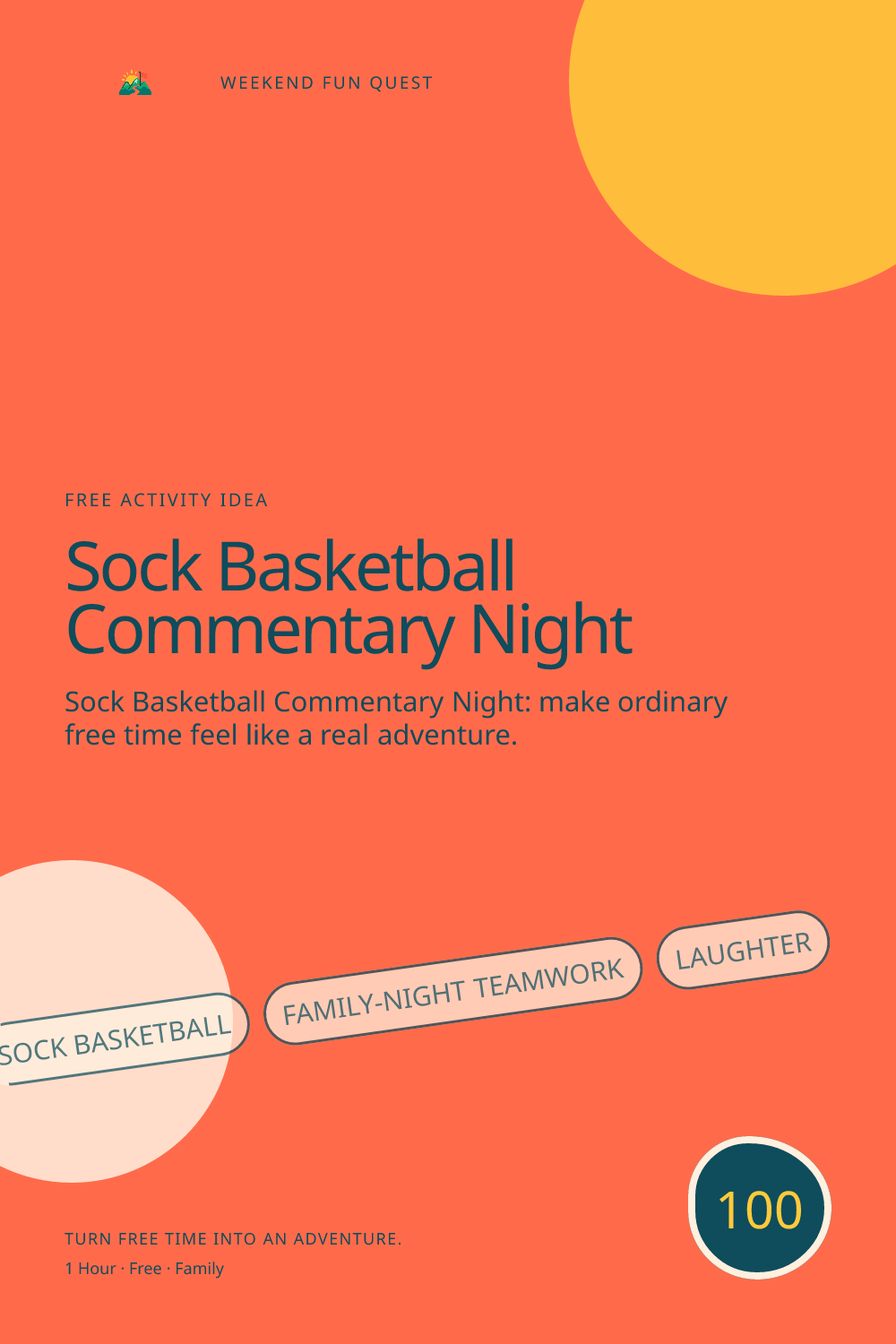 Vertical Pinterest activity illustration for sock basketball commentary night featuring family-night teamwork, laughter, and small rituals