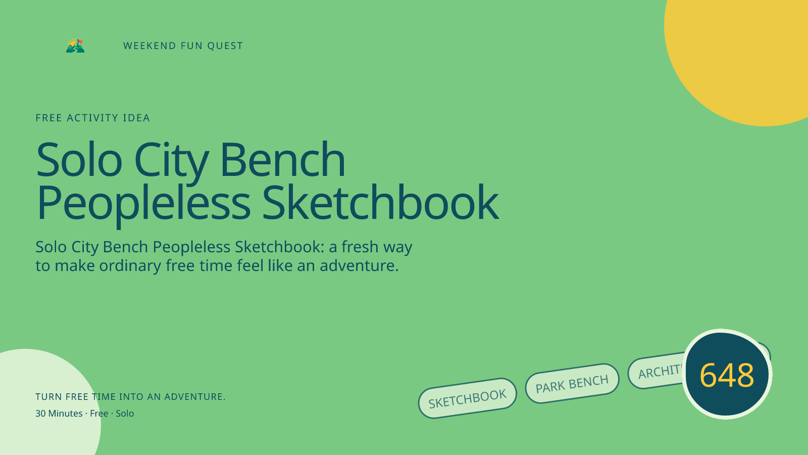 Wide Weekend Fun Quest illustration for solo city bench peopleless sketchbook featuring sketchbook, park bench, architecture lines