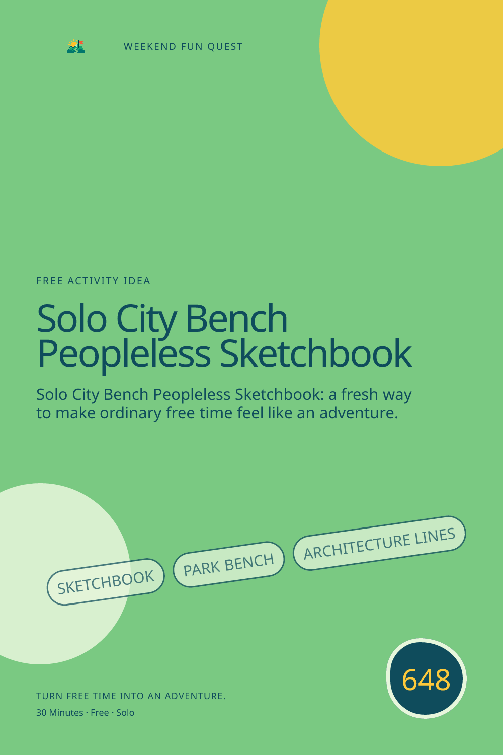 Vertical Pinterest Weekend Fun Quest illustration for solo city bench peopleless sketchbook featuring sketchbook, park bench, architecture lines