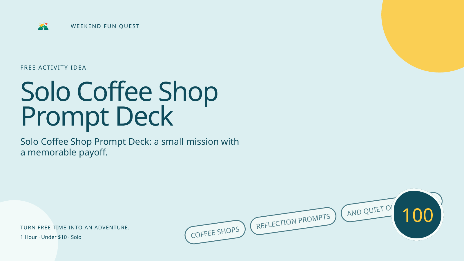 Wide Weekend Fun Quest illustration for solo coffee shop prompt deck featuring coffee shops, reflection prompts, and quiet observations