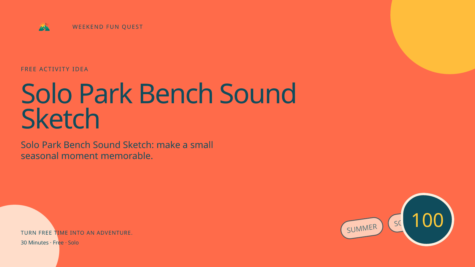 Wide Weekend Fun Quest illustration for solo park bench sound sketch featuring turn a short public-park listening break into abstract lines and notes