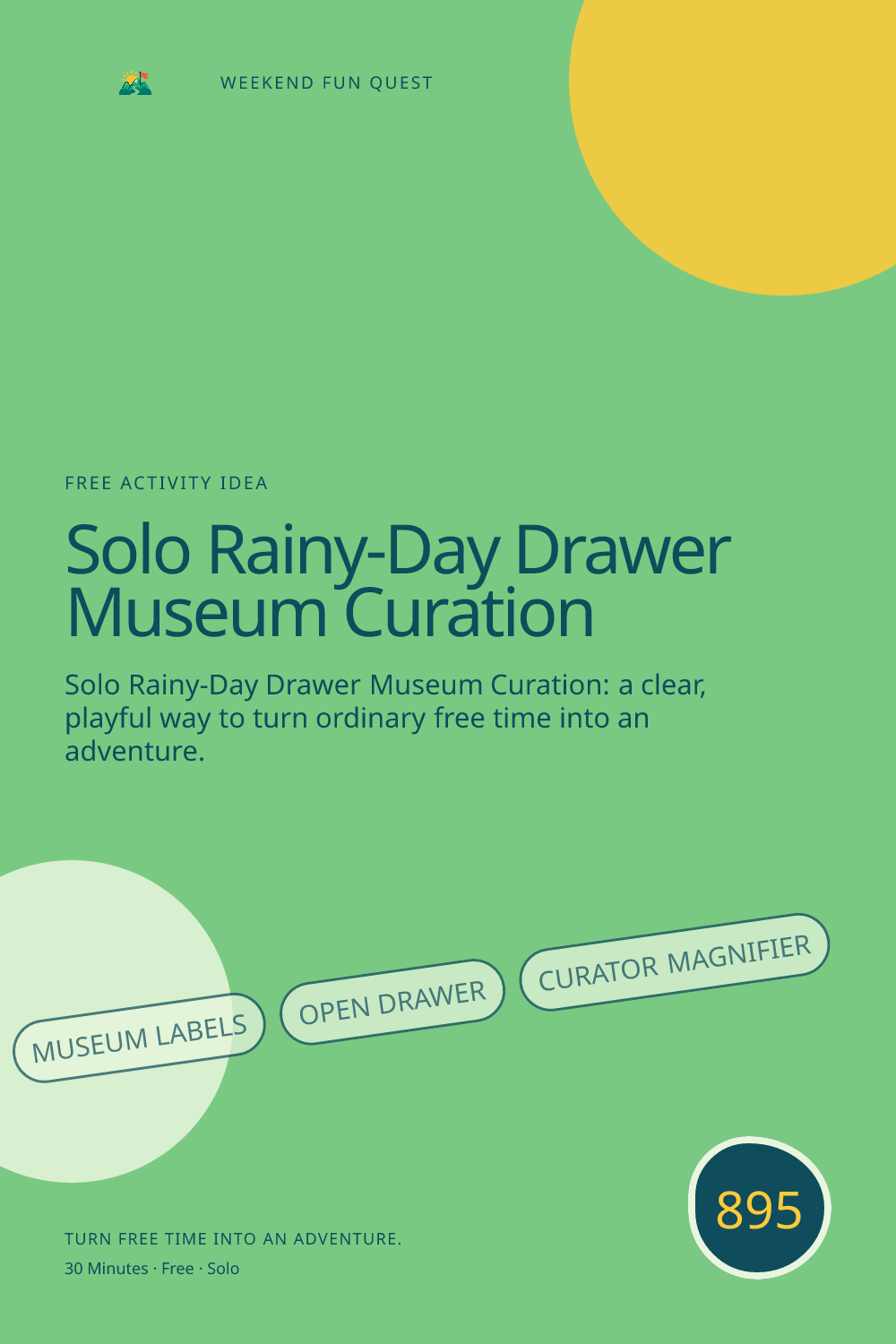 Vertical Pinterest for solo rainy-day drawer museum curation featuring museum labels, open drawer, curator magnifier