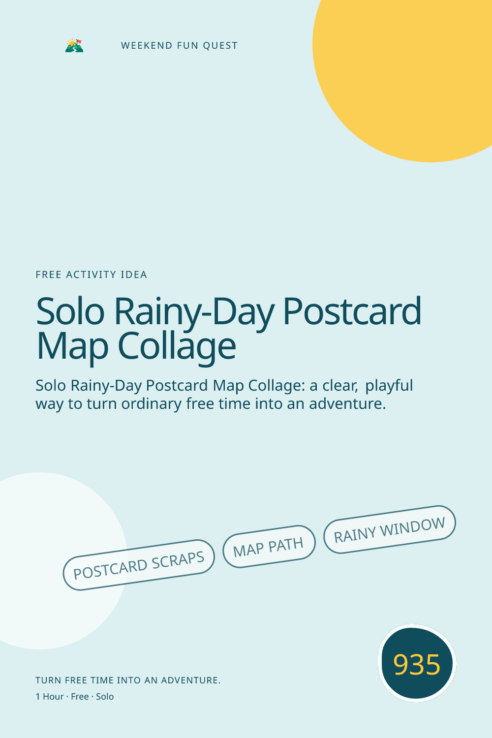 Vertical Pinterest for solo rainy-day postcard map collage featuring postcard scraps, map path, rainy window