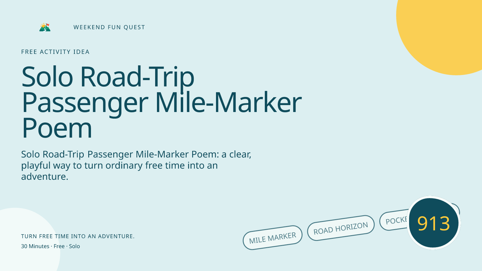 Wide hero for solo road-trip passenger mile-marker poem featuring mile marker, road horizon, pocket notebook