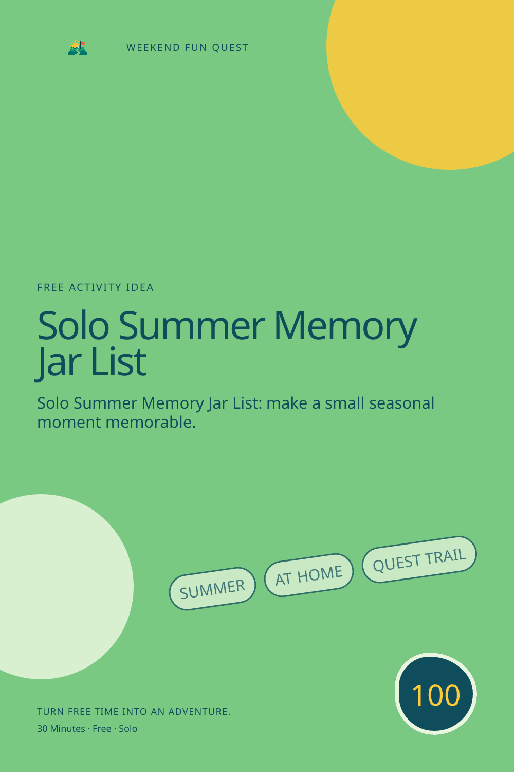 Vertical Pinterest illustration for solo summer memory jar list featuring write tiny, realistic summer moments to try instead of an overwhelming bucket list