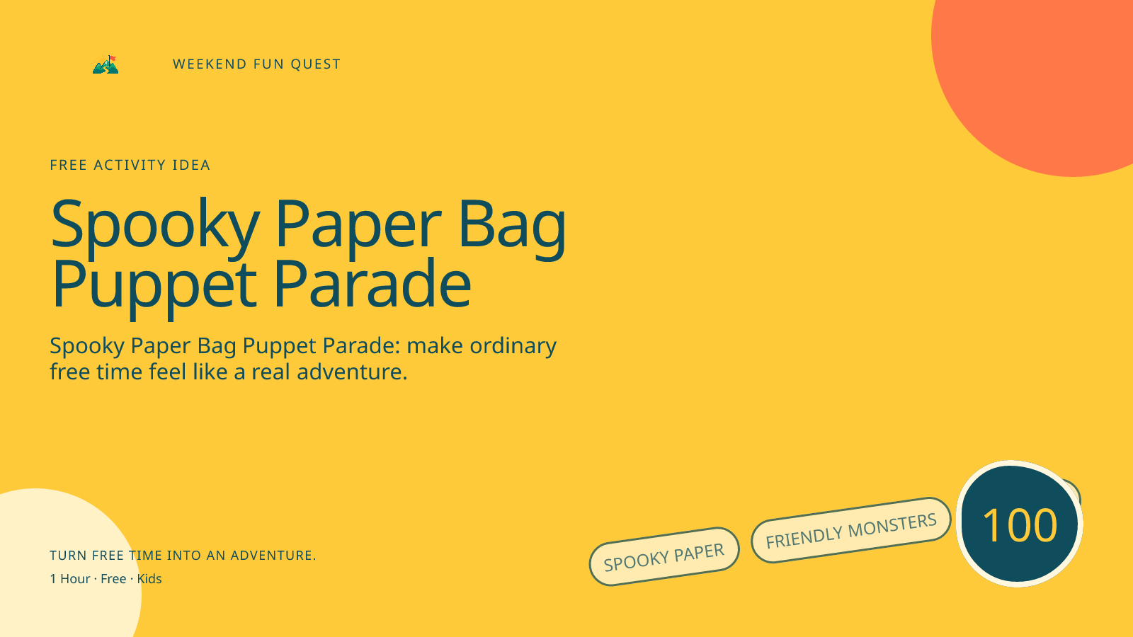 Wide Weekend Fun Quest illustration for spooky paper bag puppet parade featuring friendly monsters, costumes, and Halloween imagination