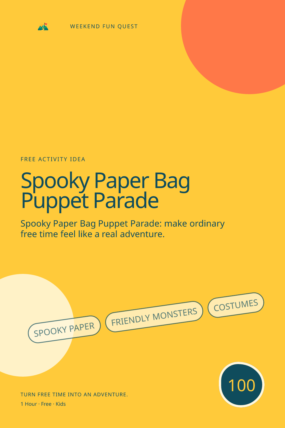 Vertical Pinterest activity illustration for spooky paper bag puppet parade featuring friendly monsters, costumes, and Halloween imagination