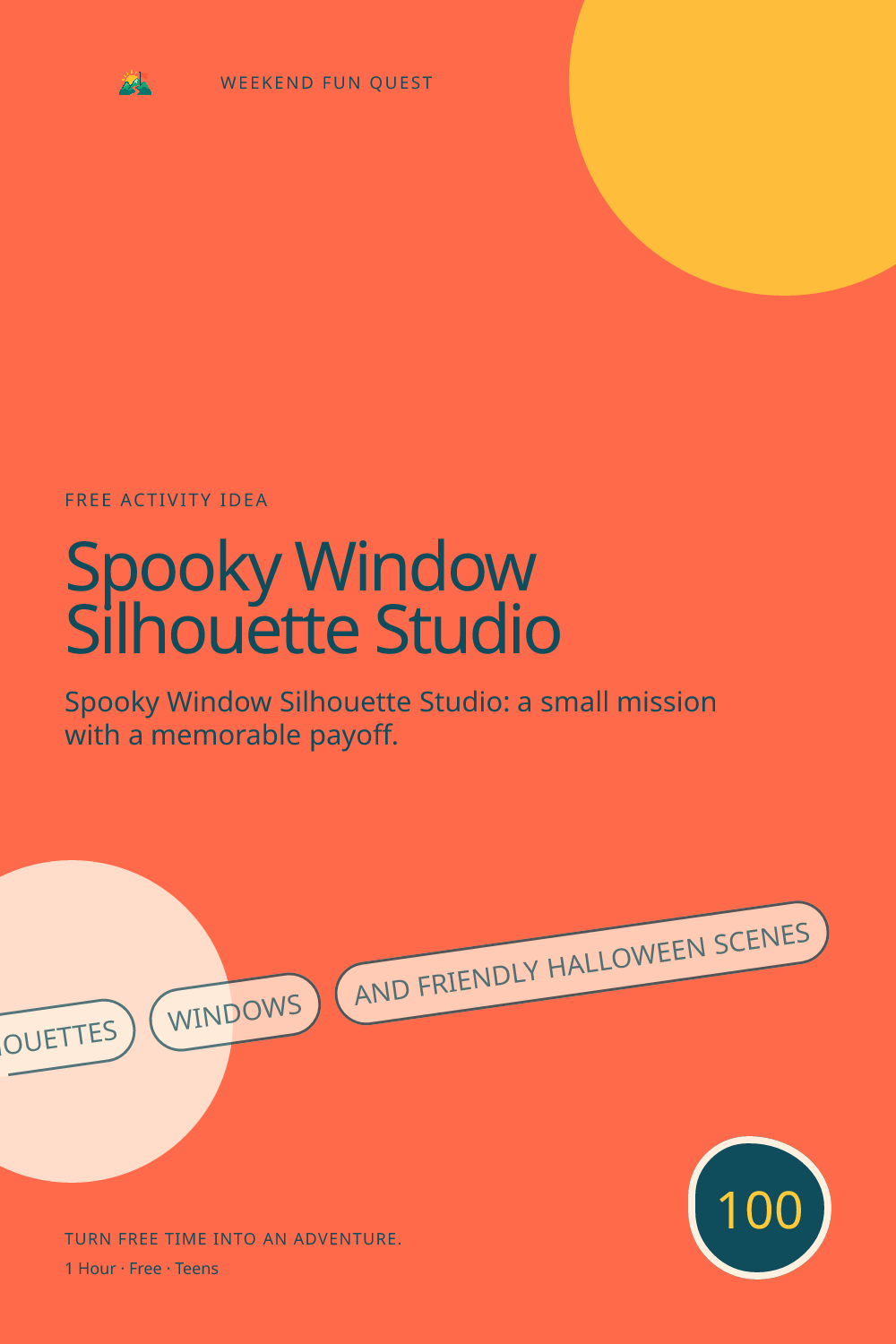 Vertical Pinterest activity illustration for spooky window silhouette studio featuring paper silhouettes, windows, and friendly Halloween scenes