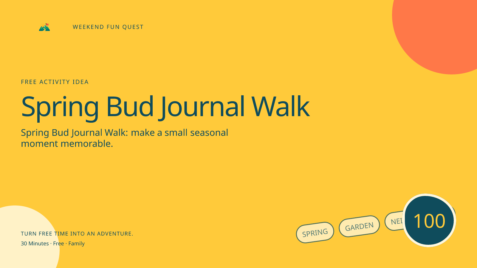 Wide Weekend Fun Quest illustration for spring bud journal walk featuring notice buds, blossoms, and leaf changes without picking them