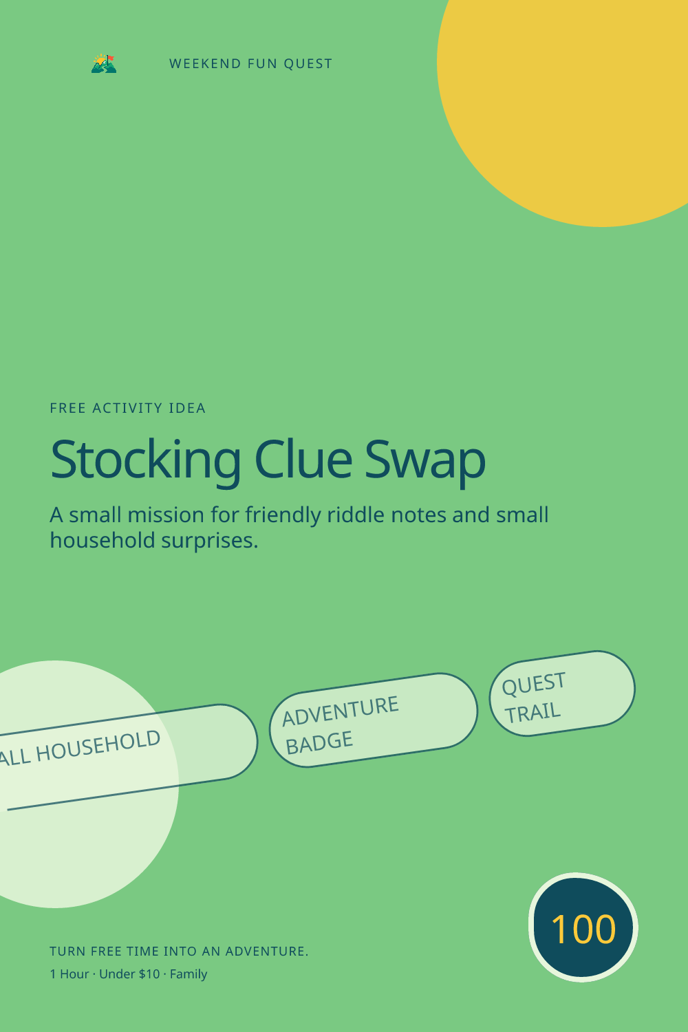 Vertical Pinterest graphic for stocking clue swap featuring friendly riddle notes and small household surprises and a quest trail