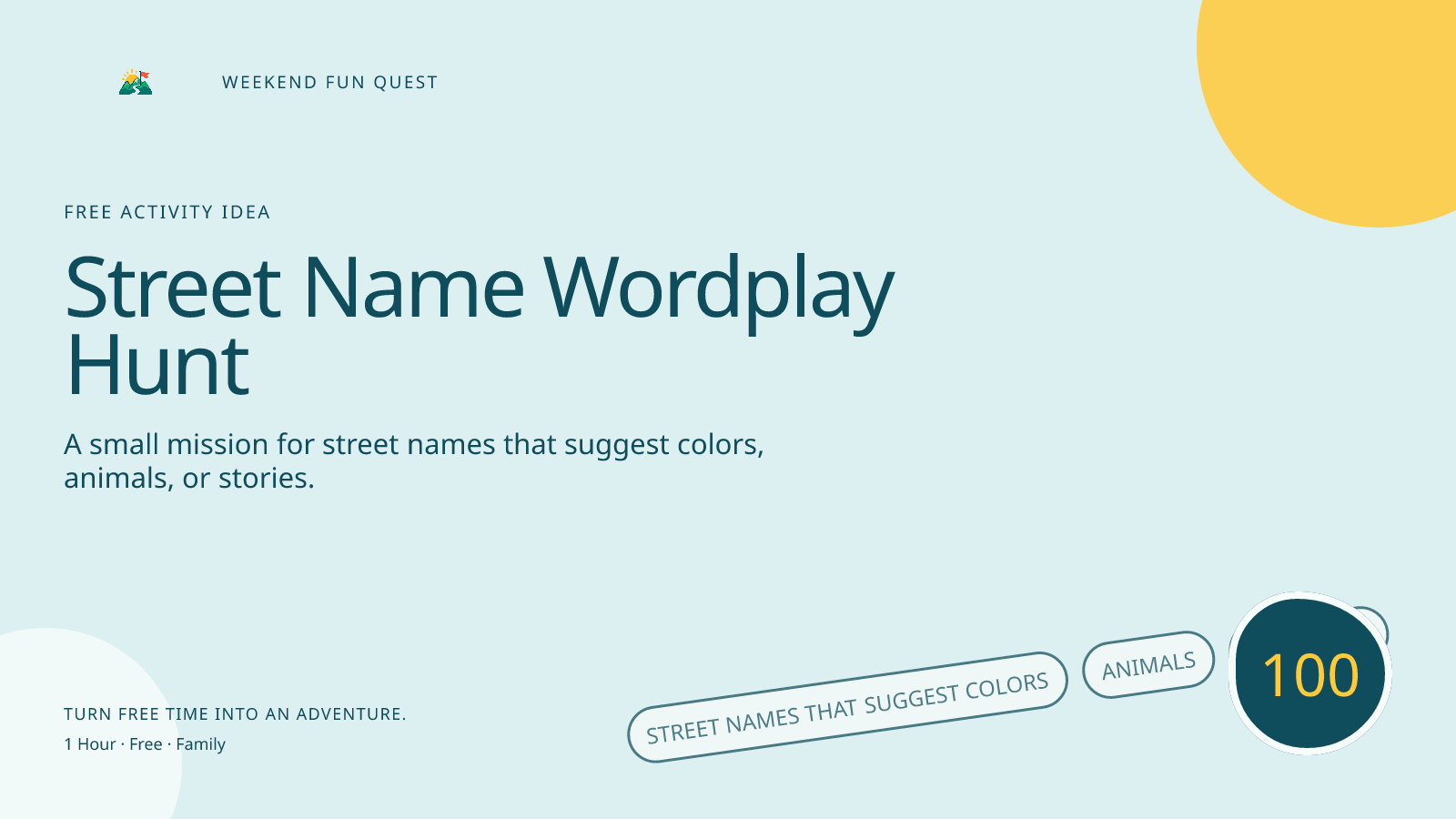 Wide Weekend Fun Quest illustration for street name wordplay hunt featuring street names that suggest colors, animals, or stories