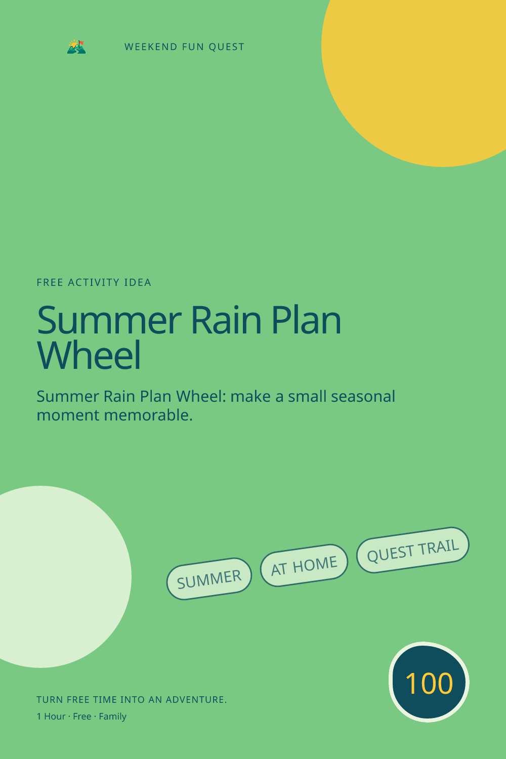 Vertical Pinterest illustration for summer rain plan wheel featuring make a spin wheel of genuinely doable rainy-day choices for different energy levels