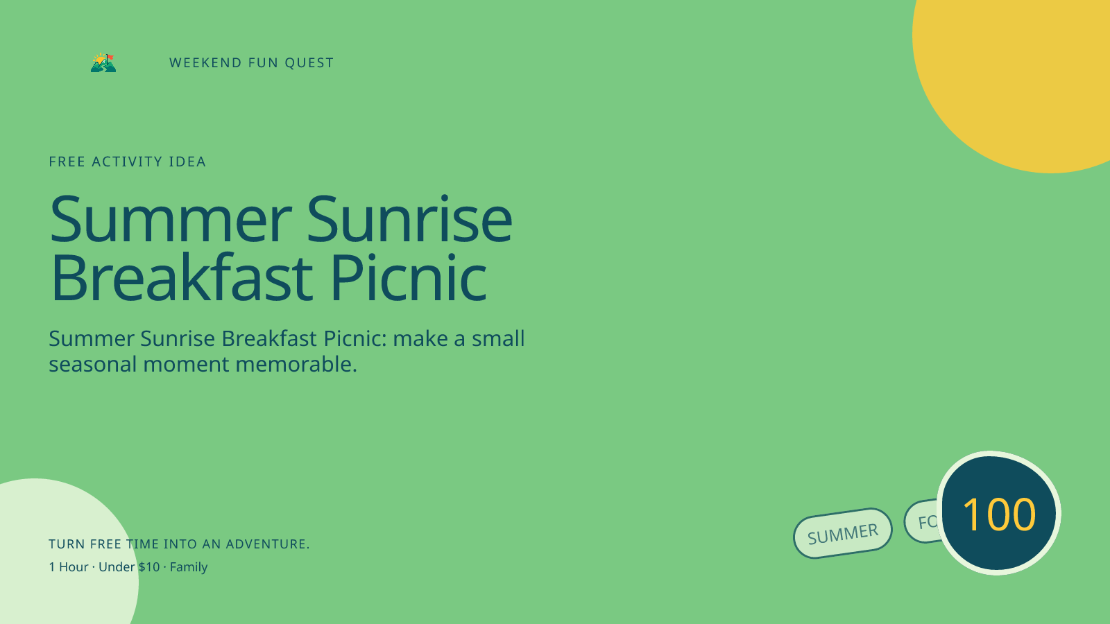 Wide Weekend Fun Quest illustration for summer sunrise breakfast picnic featuring pack a simple cool breakfast and watch a park wake up together