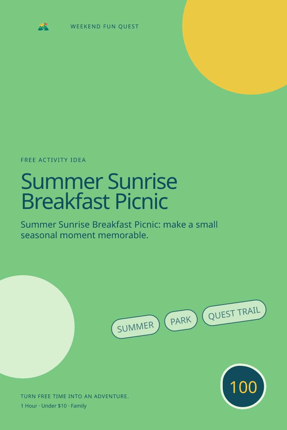 Vertical Pinterest illustration for summer sunrise breakfast picnic featuring pack a simple cool breakfast and watch a park wake up together