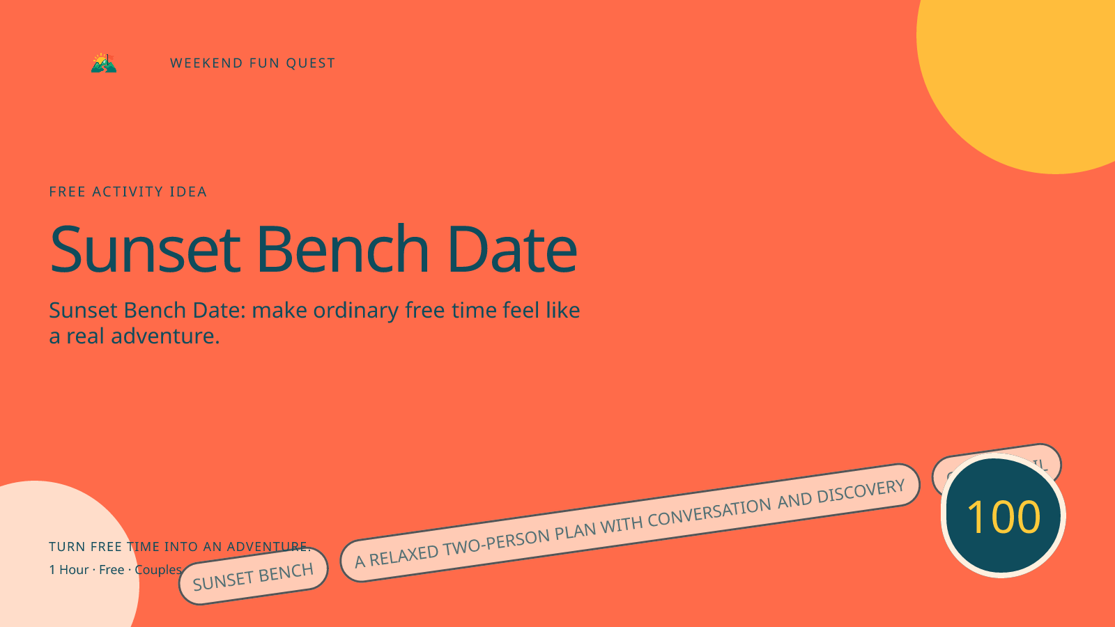 Wide Weekend Fun Quest illustration for sunset bench date featuring a relaxed two-person plan with conversation and discovery