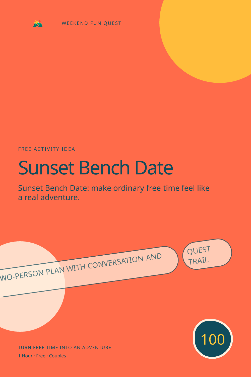 Vertical Pinterest activity illustration for sunset bench date featuring a relaxed two-person plan with conversation and discovery