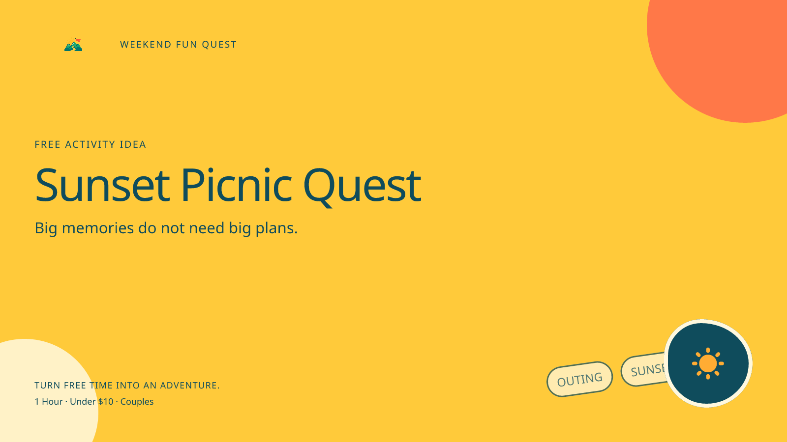 Sunset Picnic Quest: wide Quest hero illustration showing outing, sunset, picnic for Weekend Fun Quest