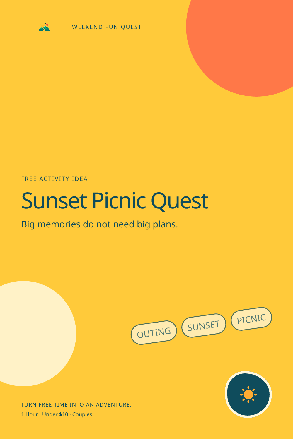 Sunset Picnic Quest: vertical Pinterest graphic illustration showing outing, sunset, picnic, quest trail for Weekend Fun Quest