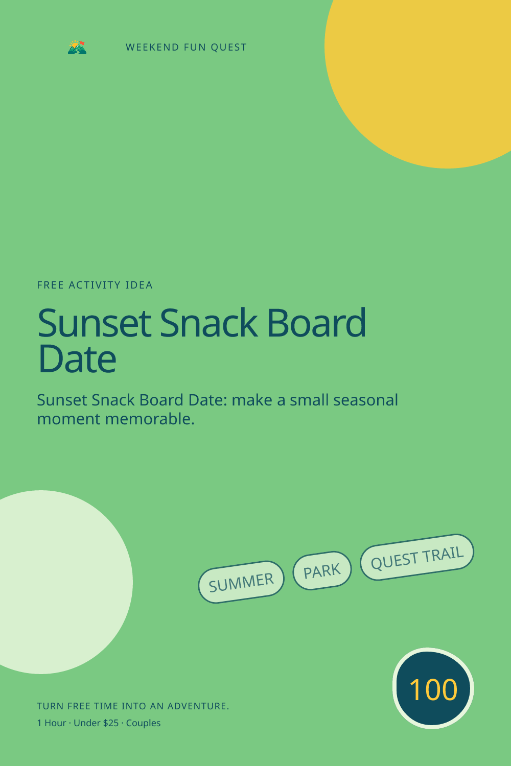 Vertical Pinterest illustration for sunset snack board date featuring build a simple shared snack board and trade sunset conversation prompts