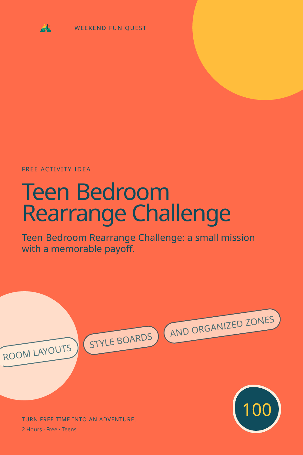 Vertical Pinterest activity illustration for teen bedroom rearrange challenge featuring room layouts, style boards, and organized zones