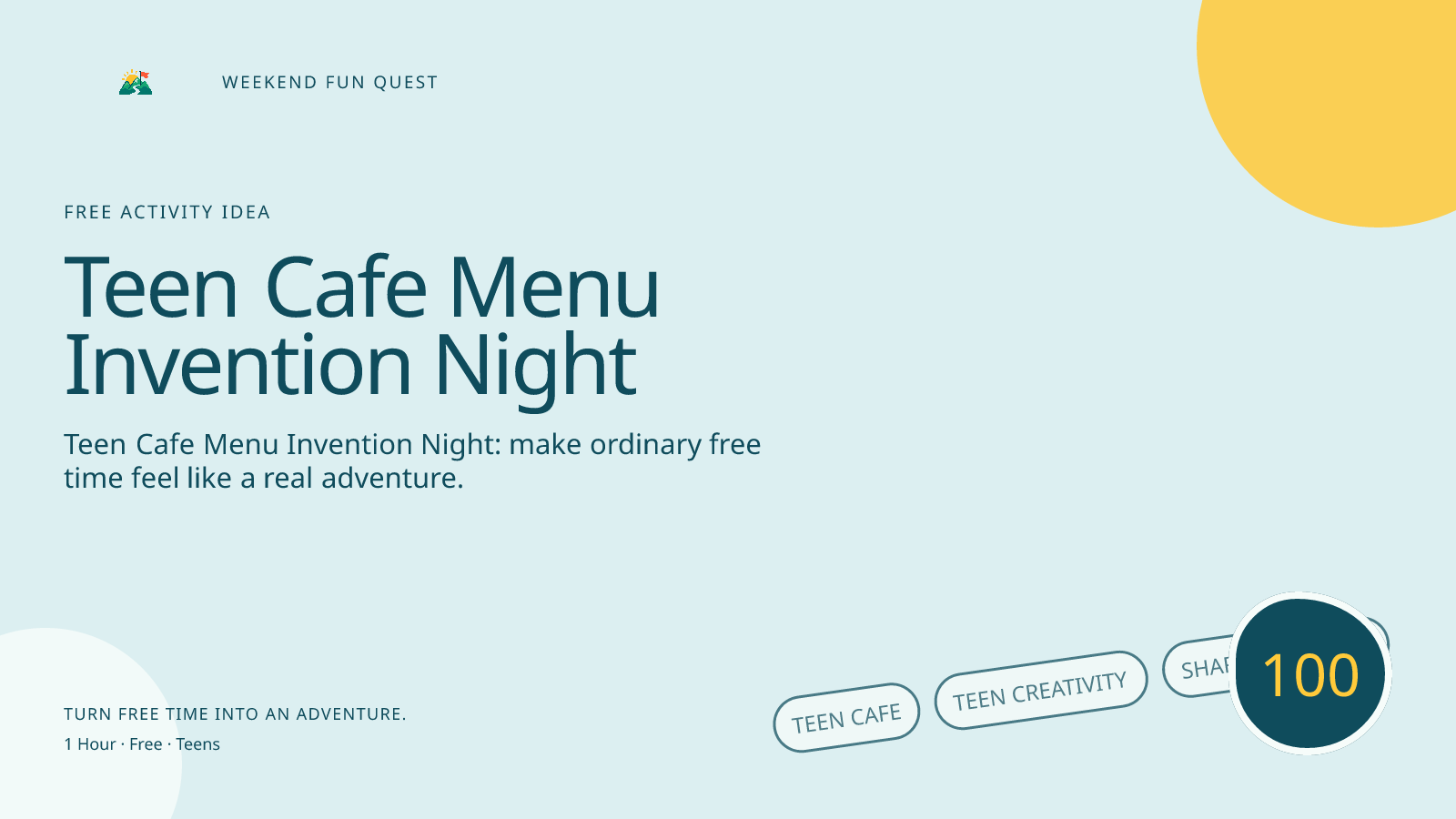 Wide Weekend Fun Quest illustration for teen cafe menu invention night featuring teen creativity, shared prompts, and low-pressure connection
