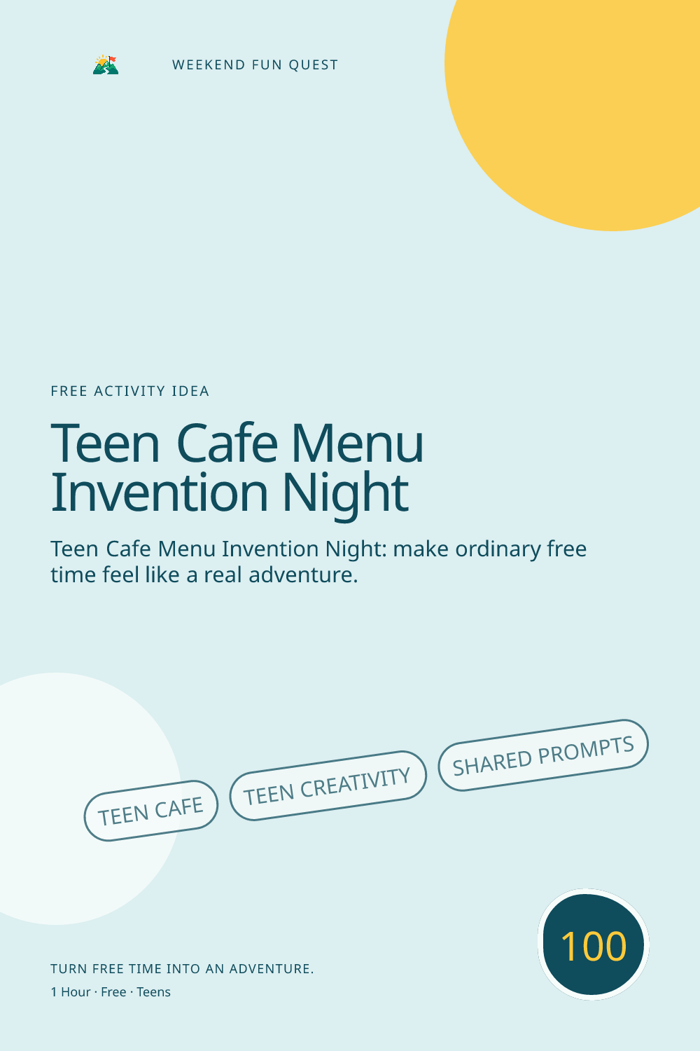 Vertical Pinterest activity illustration for teen cafe menu invention night featuring teen creativity, shared prompts, and low-pressure connection
