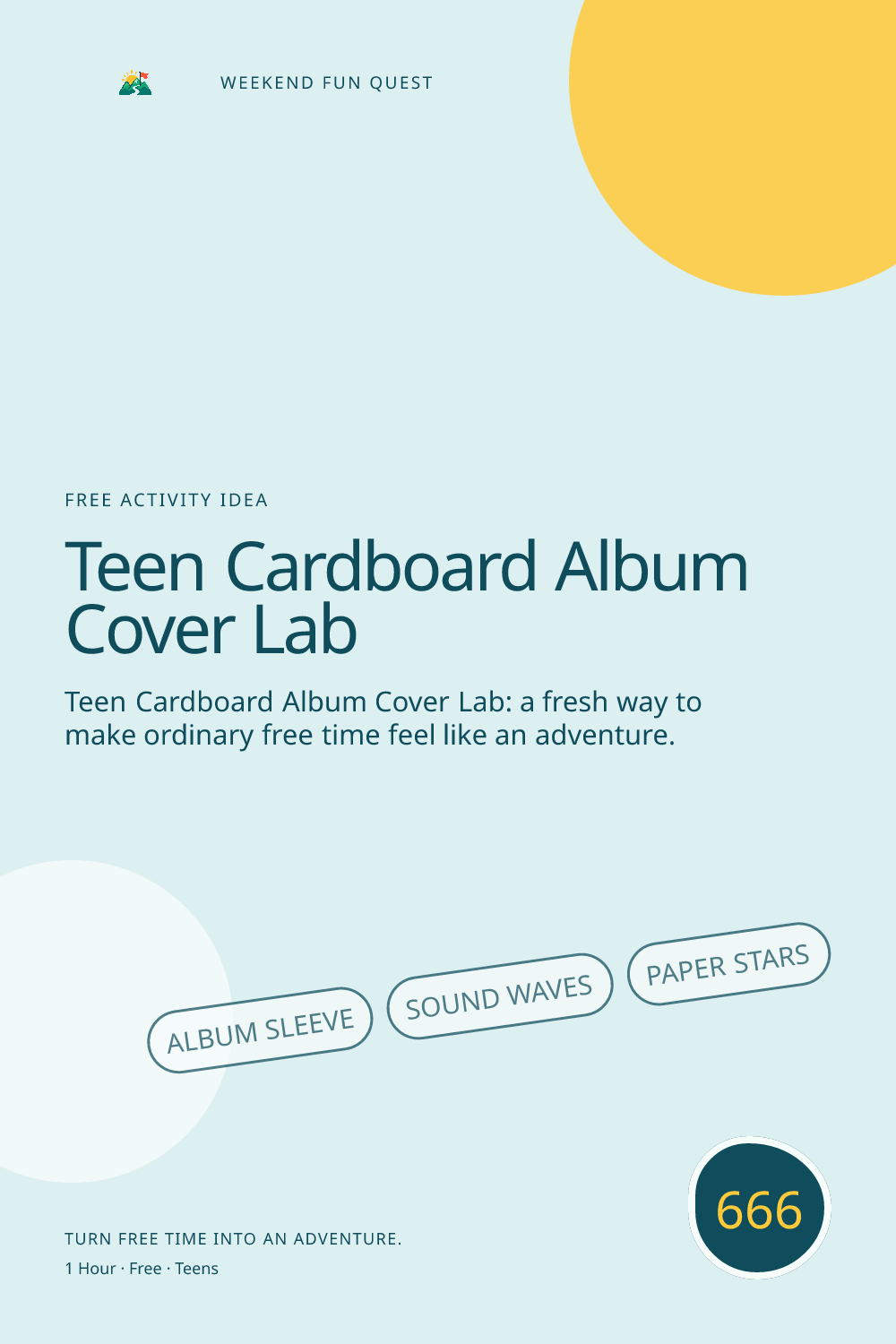 Vertical Pinterest Weekend Fun Quest illustration for teen cardboard album cover lab featuring album sleeve, sound waves, paper stars