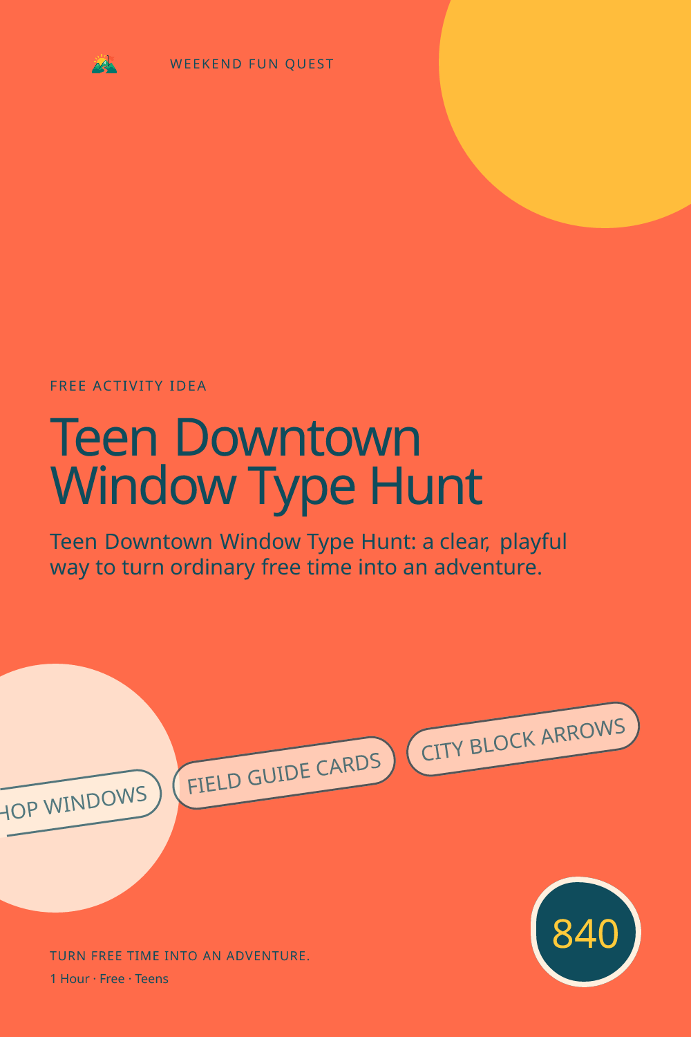 Vertical Pinterest Weekend Fun Quest illustration for teen downtown window type hunt featuring shop windows, field guide cards, city block arrows