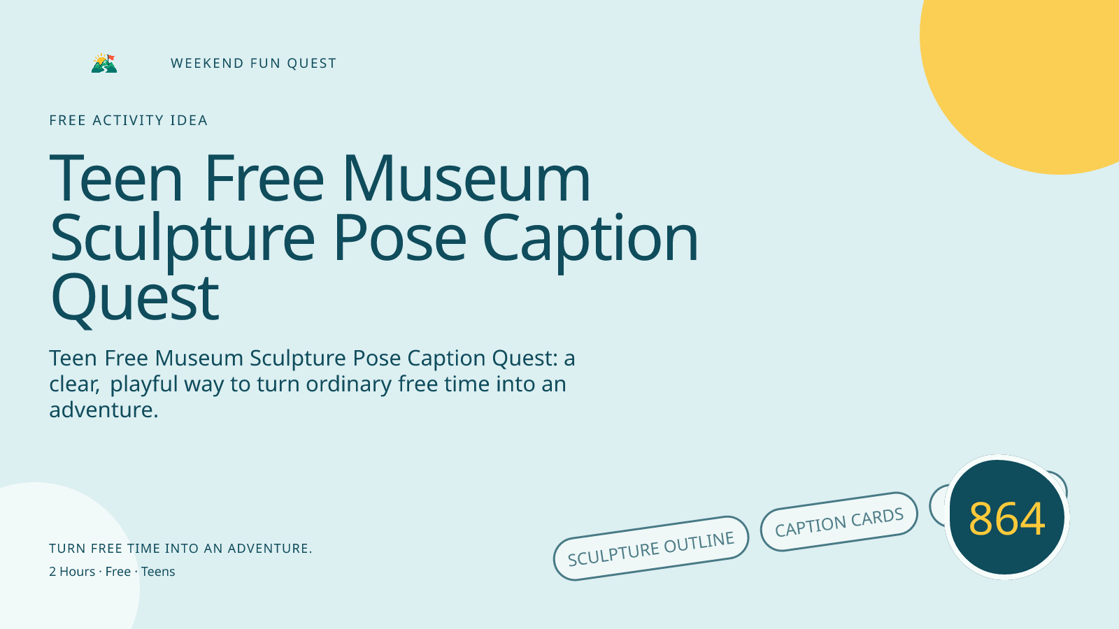Wide hero Weekend Fun Quest illustration for teen free museum sculpture pose caption quest featuring sculpture outline, caption cards, gallery map