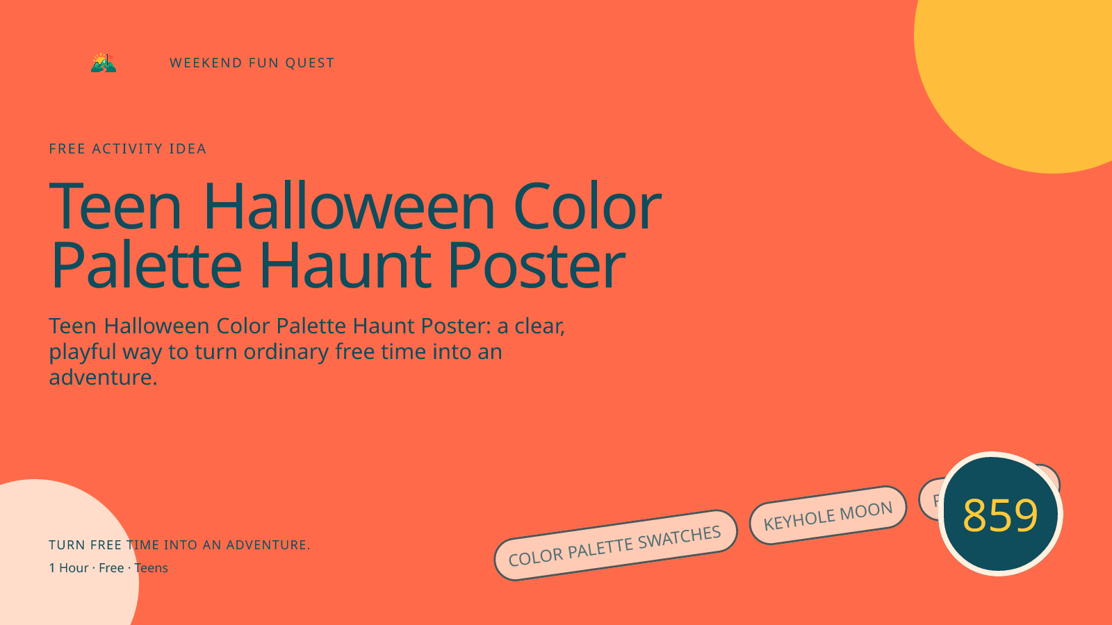 Wide hero Weekend Fun Quest illustration for teen halloween color palette haunt poster featuring color palette swatches, keyhole moon, poster stars
