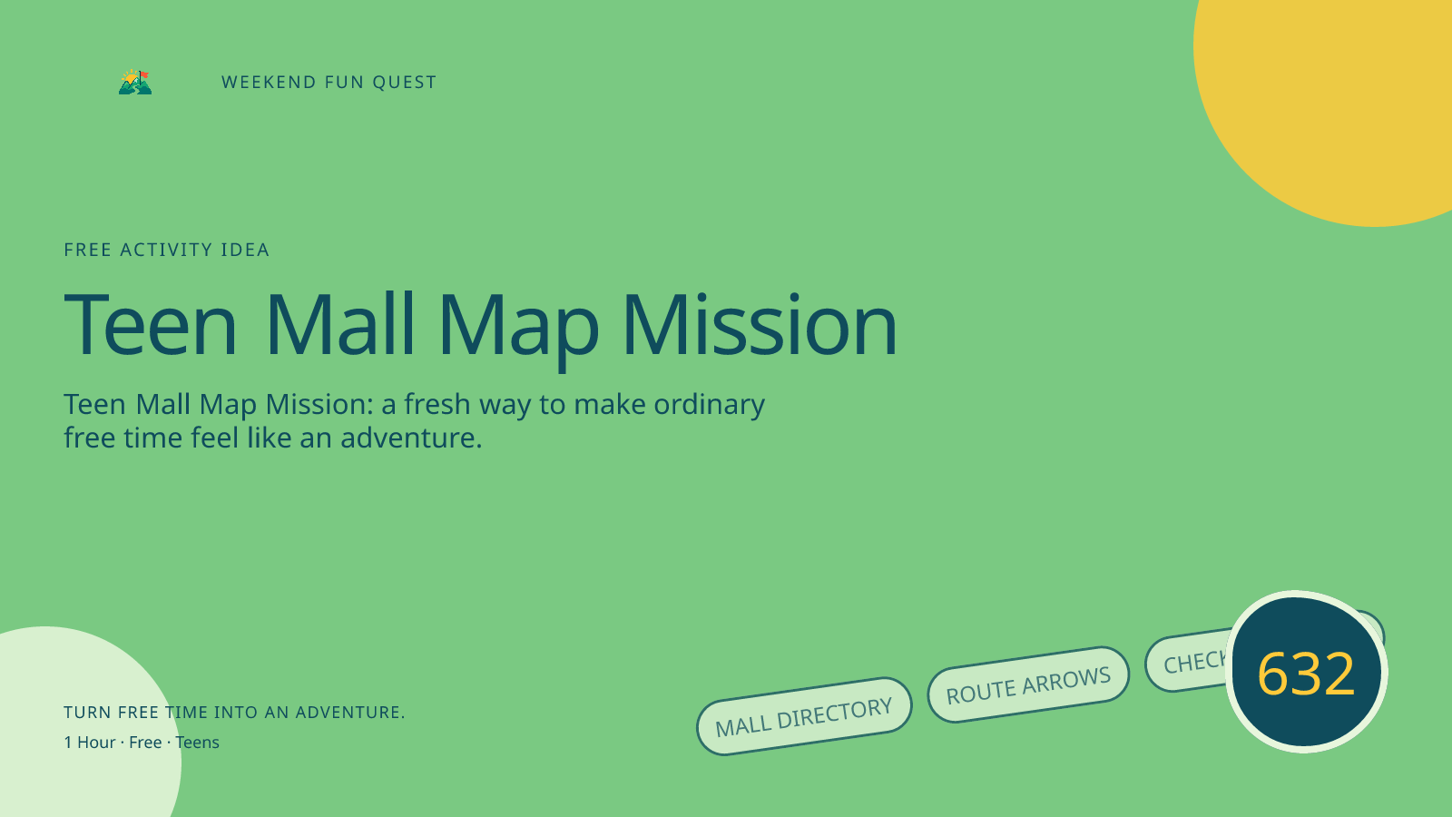 Wide Weekend Fun Quest illustration for teen mall map mission featuring mall directory, route arrows, checkpoint stars
