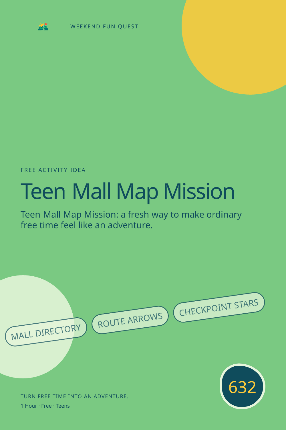 Vertical Pinterest Weekend Fun Quest illustration for teen mall map mission featuring mall directory, route arrows, checkpoint stars