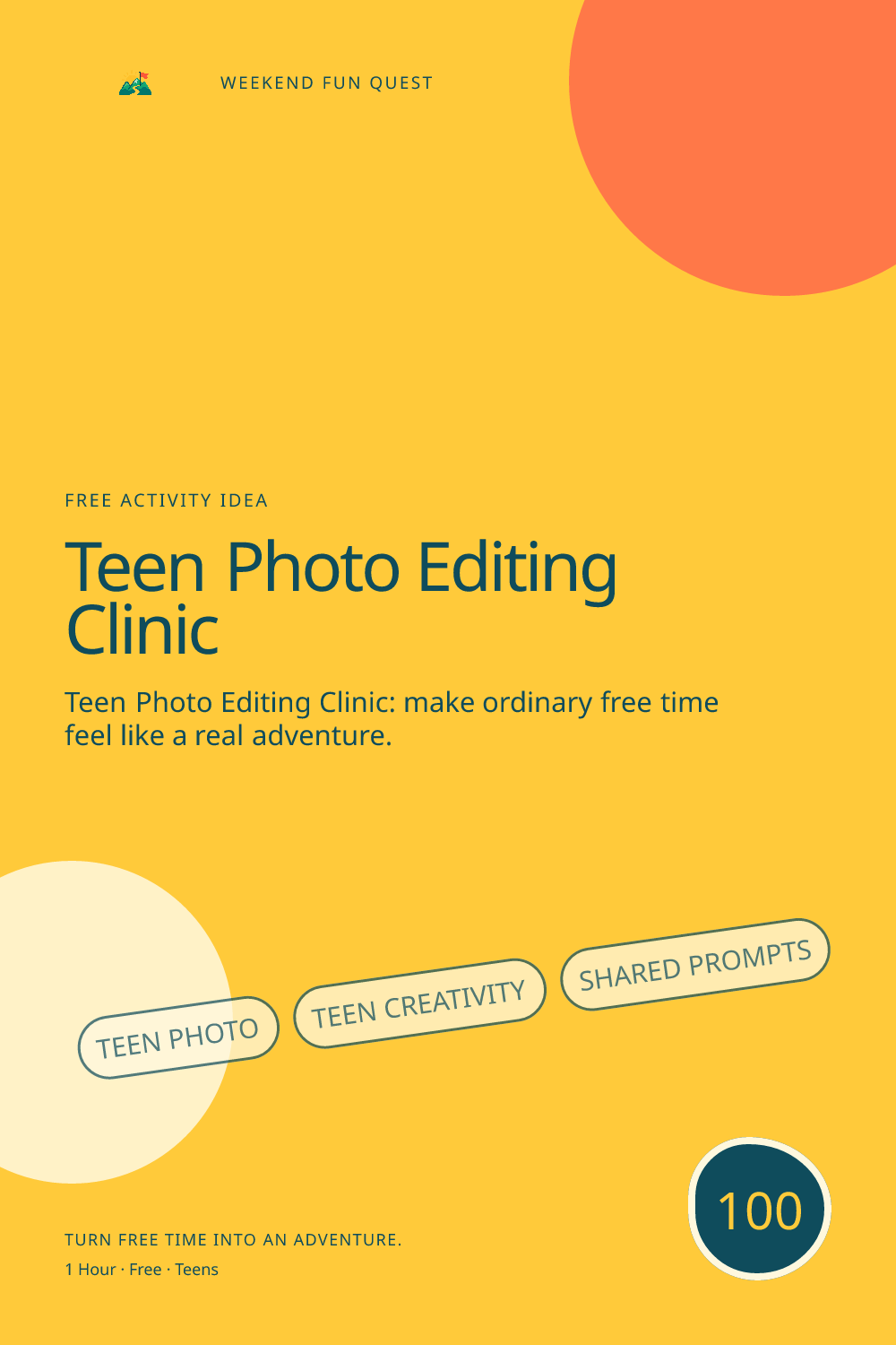 Vertical Pinterest activity illustration for teen photo editing clinic featuring teen creativity, shared prompts, and low-pressure connection