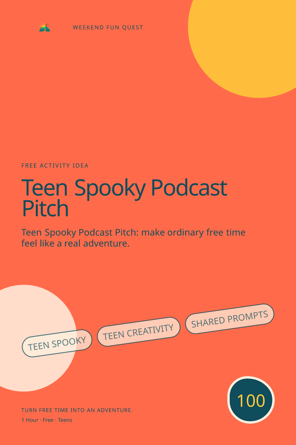 Vertical Pinterest activity illustration for teen spooky podcast pitch featuring teen creativity, shared prompts, and low-pressure connection