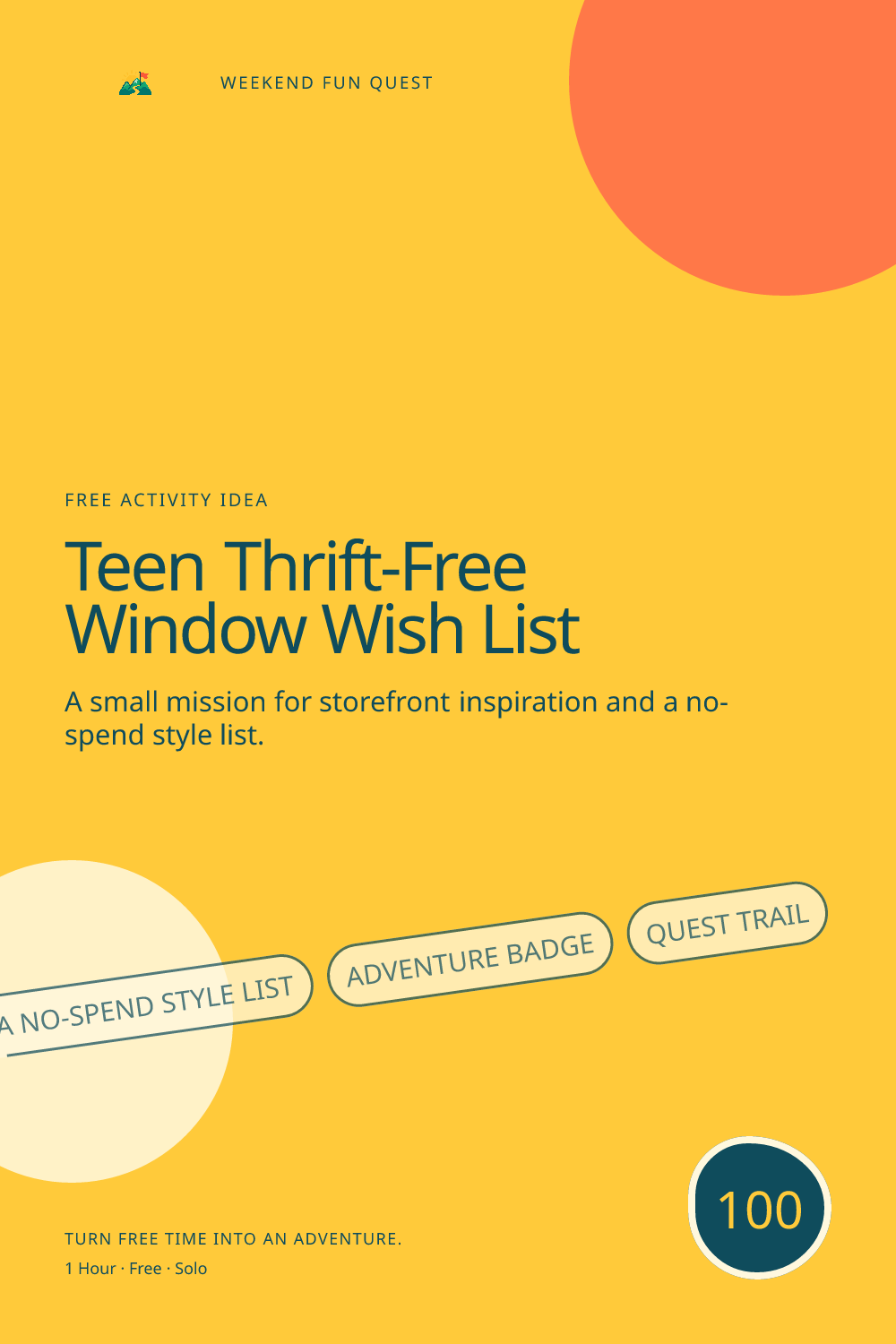 Vertical Pinterest graphic for teen thrift-free window wish list featuring storefront inspiration and a no-spend style list and a quest trail