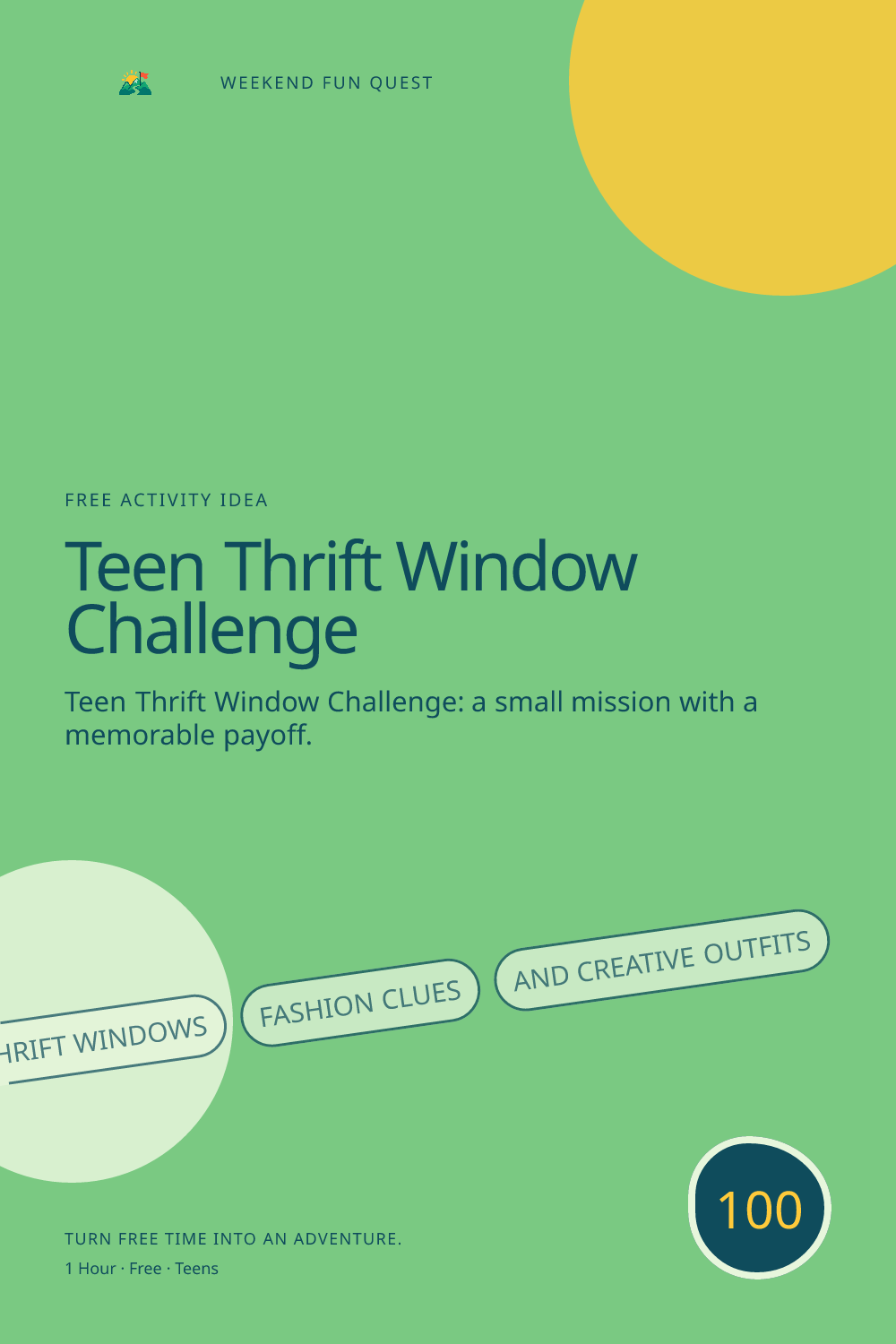 Vertical Pinterest activity illustration for teen thrift window challenge featuring thrift windows, fashion clues, and creative outfits