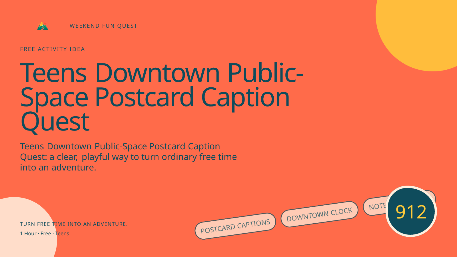Wide hero for teens downtown public-space postcard caption quest featuring postcard captions, downtown clock, notebook route