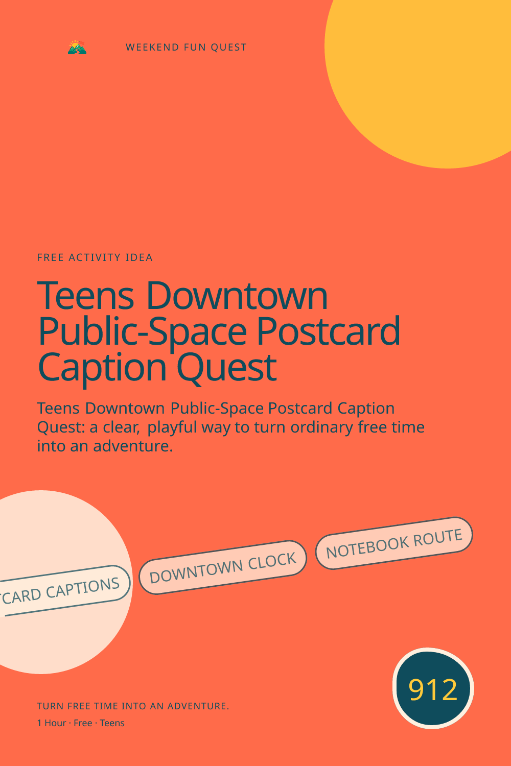 Vertical Pinterest for teens downtown public-space postcard caption quest featuring postcard captions, downtown clock, notebook route