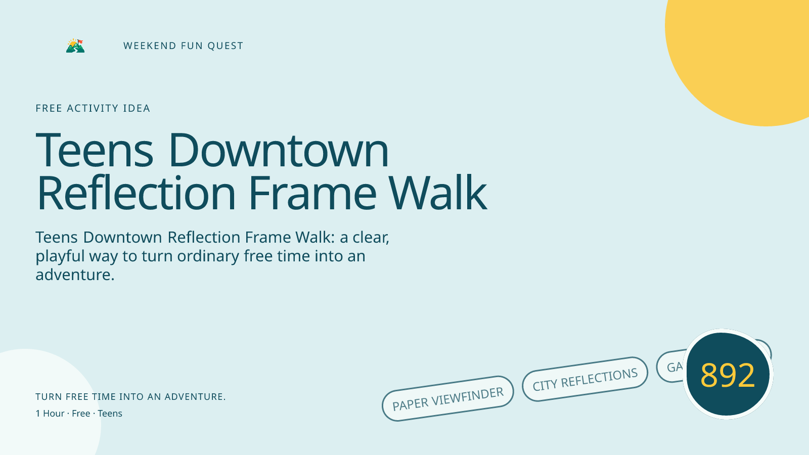 Wide hero for teens downtown reflection frame walk featuring paper viewfinder, city reflections, gallery labels
