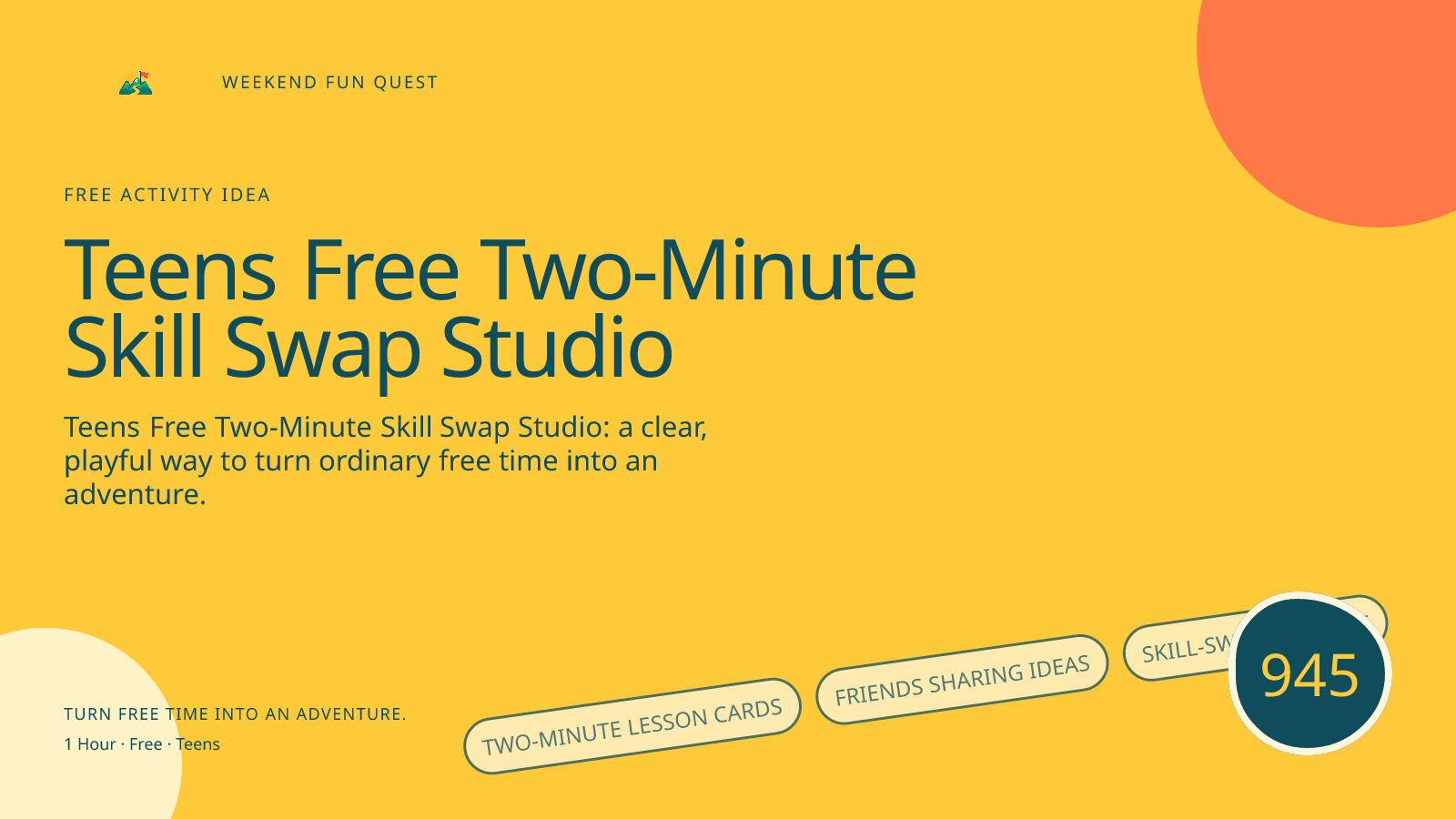 Wide hero for teens free two-minute skill swap studio featuring two-minute lesson cards, friends sharing ideas, skill-swap pennant