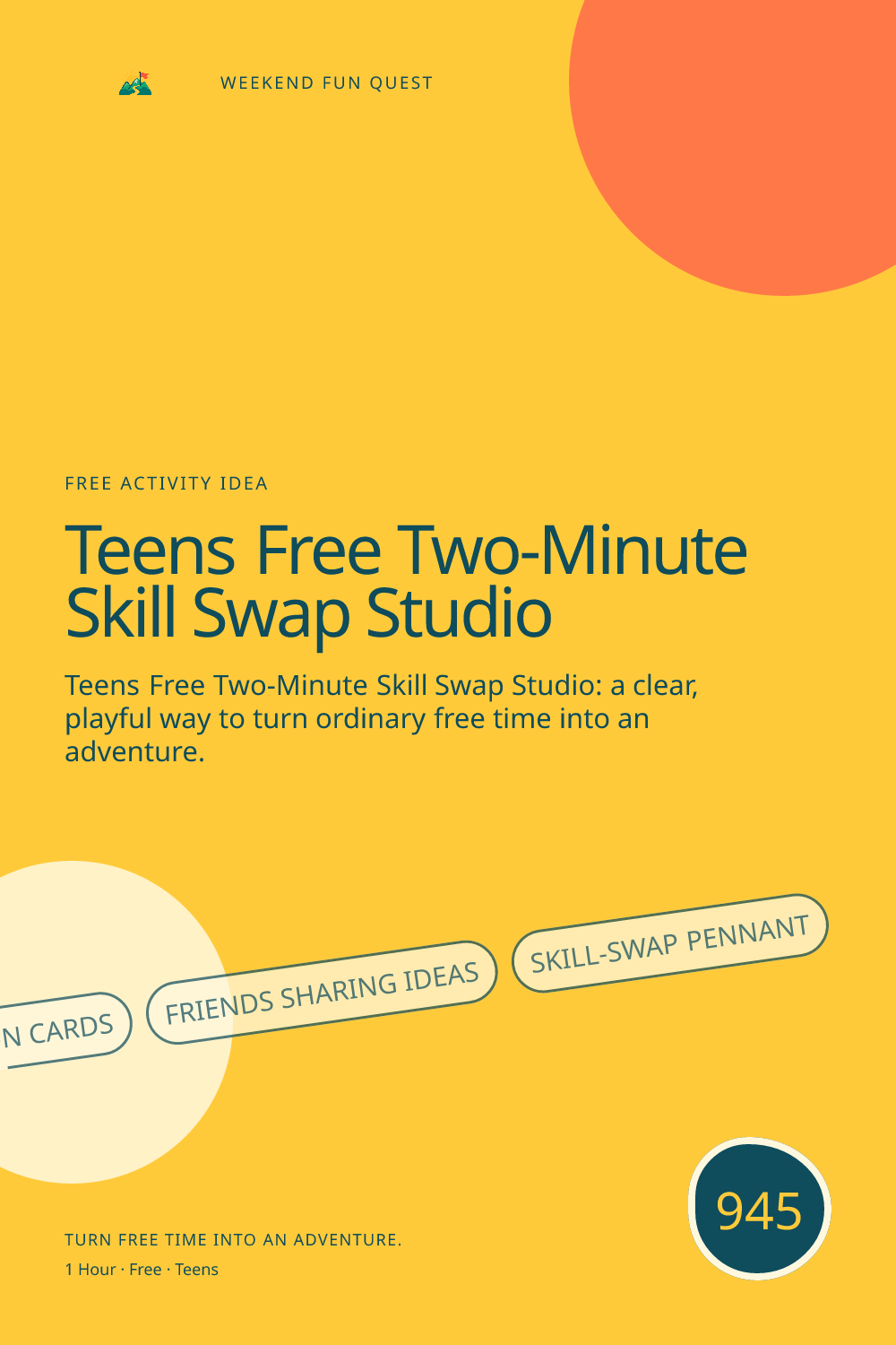 Vertical Pinterest for teens free two-minute skill swap studio featuring two-minute lesson cards, friends sharing ideas, skill-swap pennant