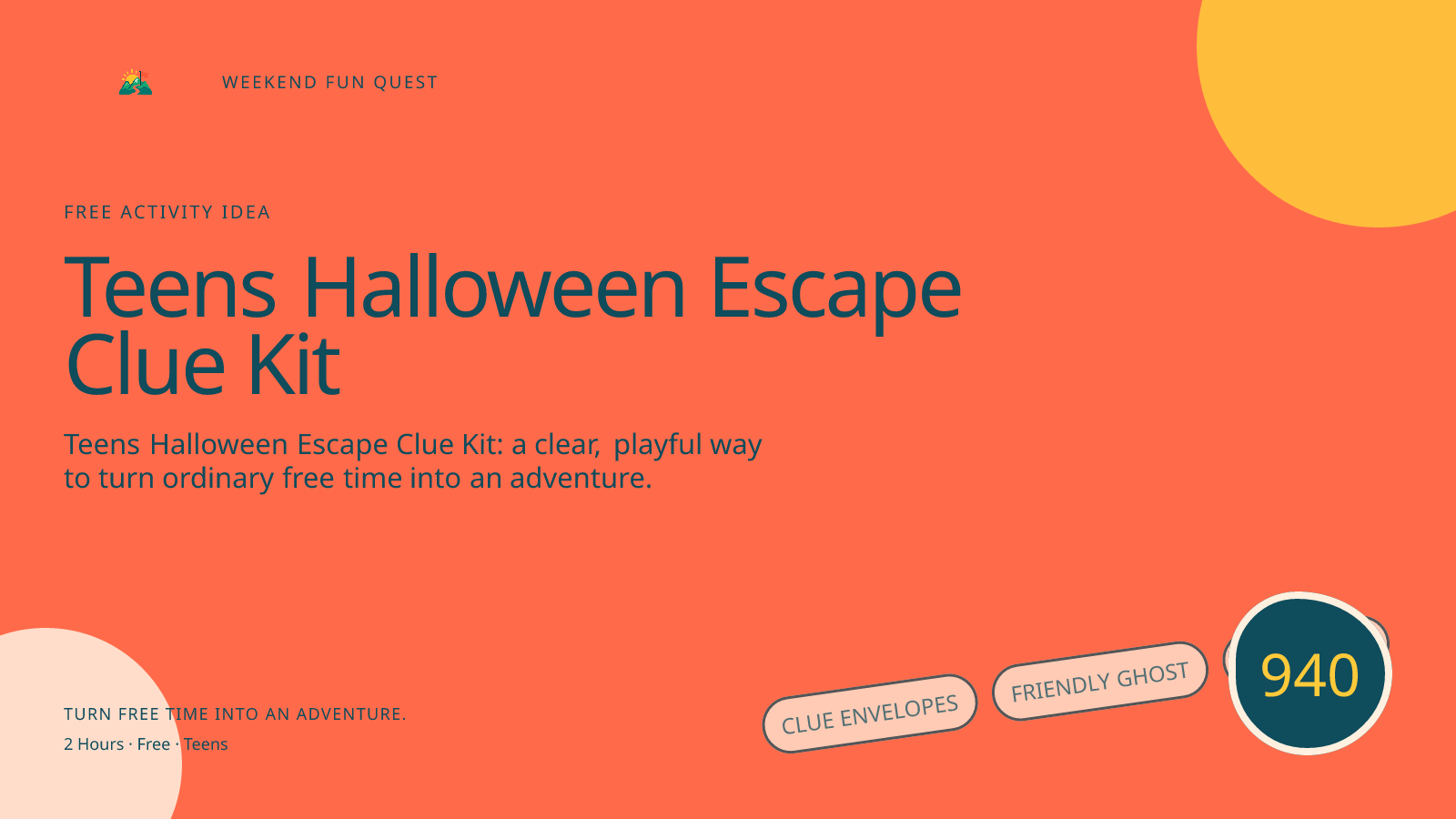Wide hero for teens halloween escape clue kit featuring clue envelopes, friendly ghost, escape map