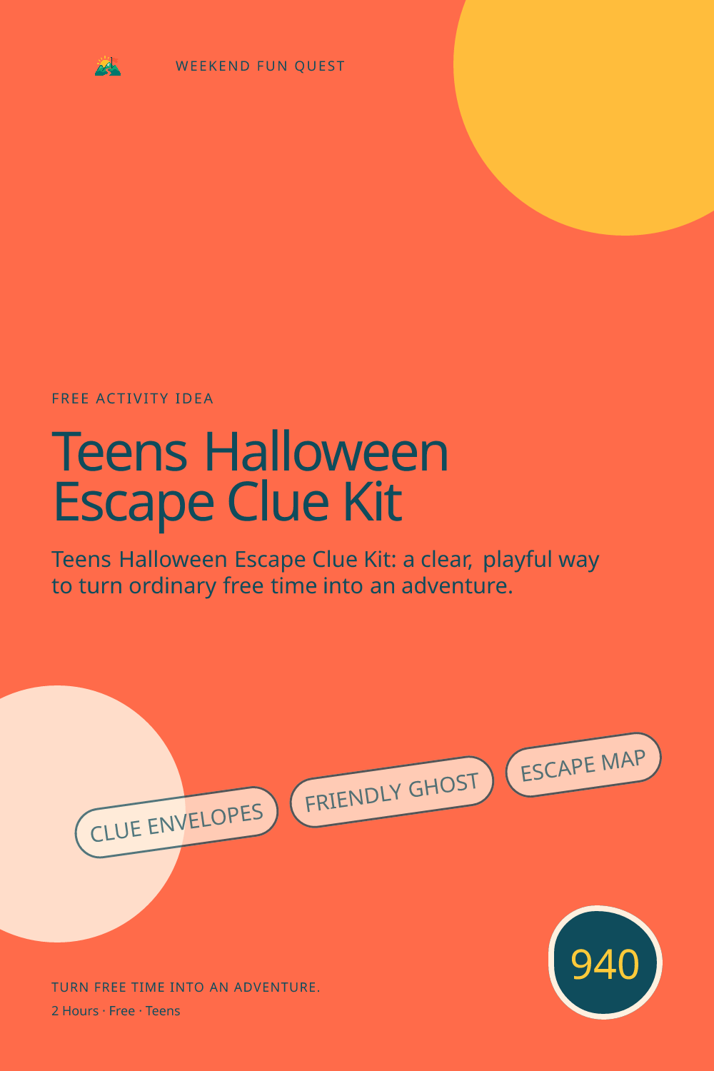 Vertical Pinterest for teens halloween escape clue kit featuring clue envelopes, friendly ghost, escape map